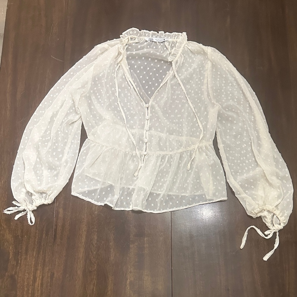 Zara Sheer Cream Blouse with Polka Dots